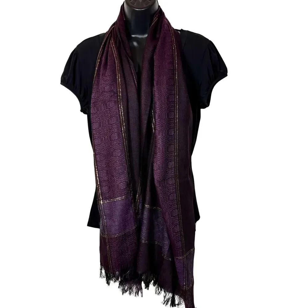 Purple Gold Woven Scarf Vintage Rectangle Scarf with Fringe Metallic 66 inch